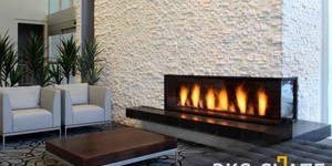 Отделка фасада камина из каменной 3D панели RKS SLATE Кварцит White Quartz Classic фото готового камина (13)