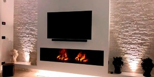 Отделка фасада камина из каменной 3D панели RKS SLATE Кварцит White Quartz Classic фото готового камина (9)
